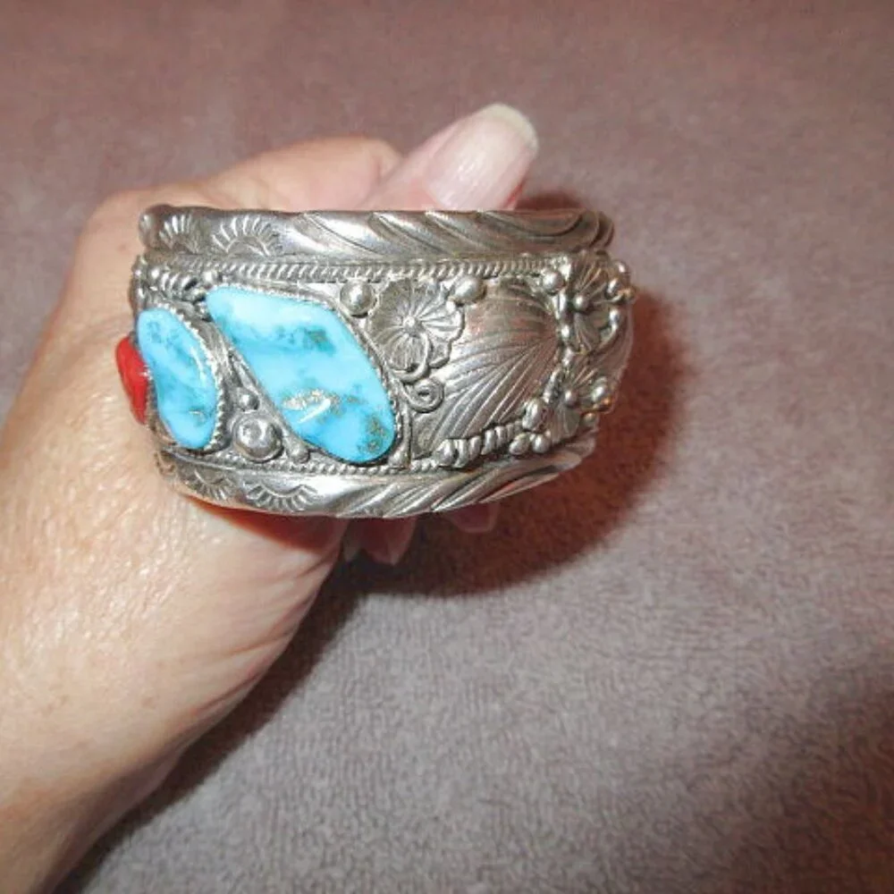 Vtg Navajo Sterling Silver Turquoise Coral Cuff Bracelet Signed Southwestern 78g